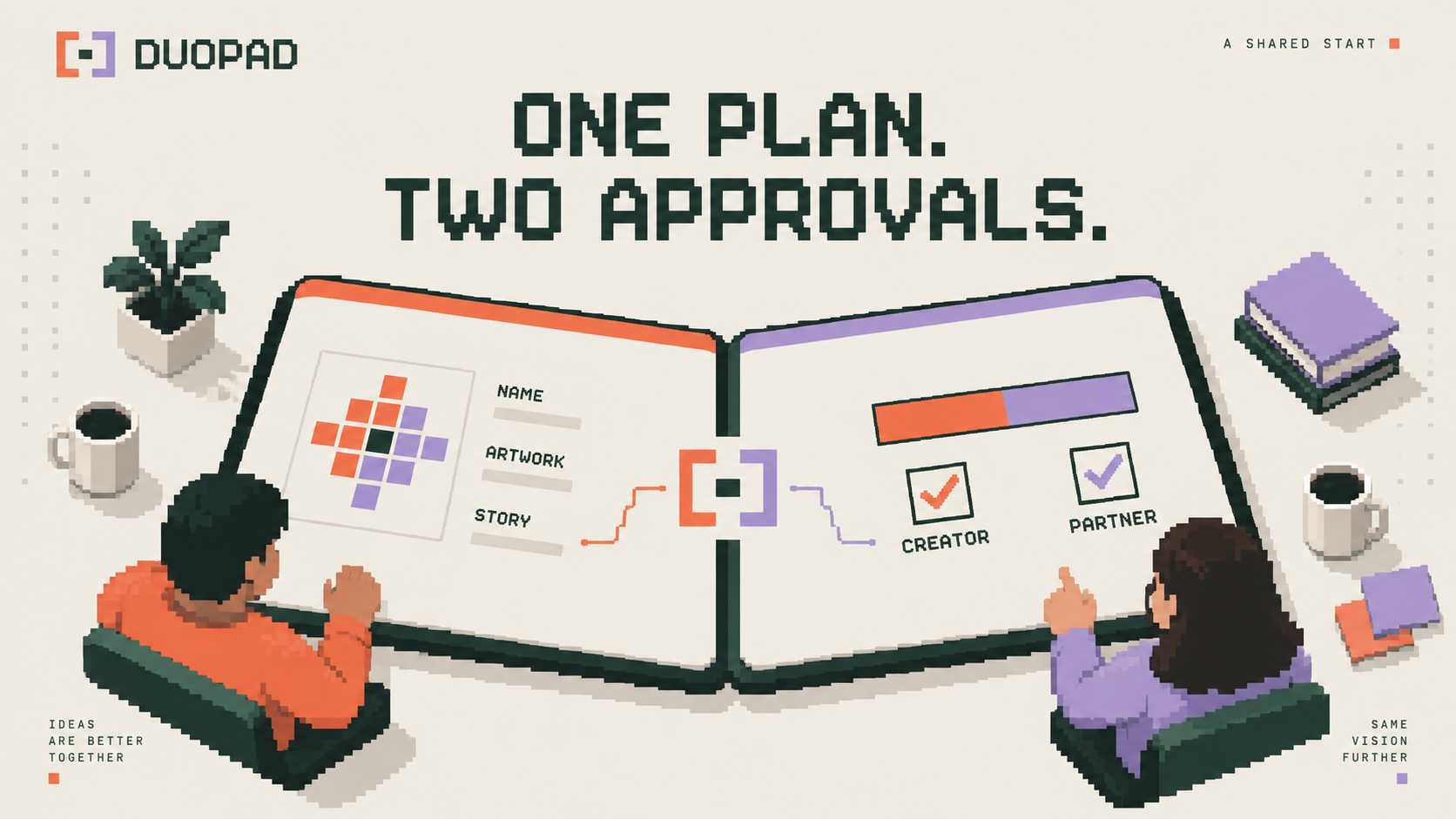 Capa em pixel art com dois criadores revisando o mesmo plano